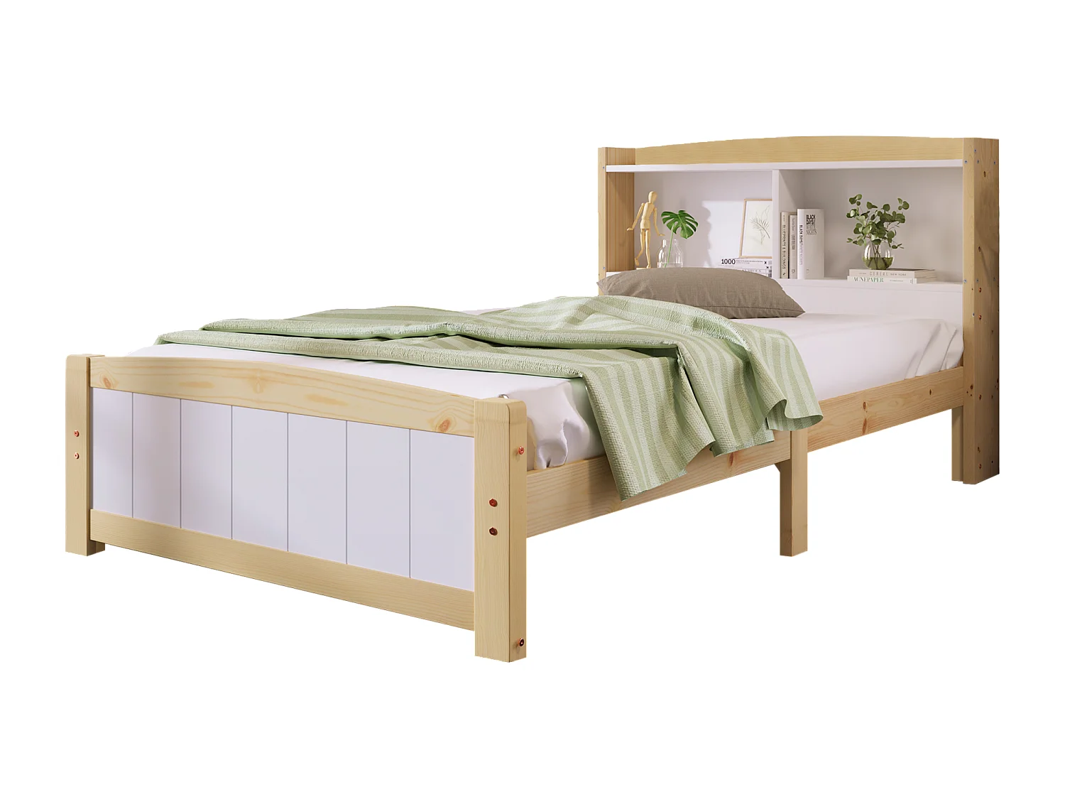 Lit simple 90x200 cm avec tête de lit de rangement et sommier à lattes, bois et MDF, blanc et bois naturel (Sans matelas)