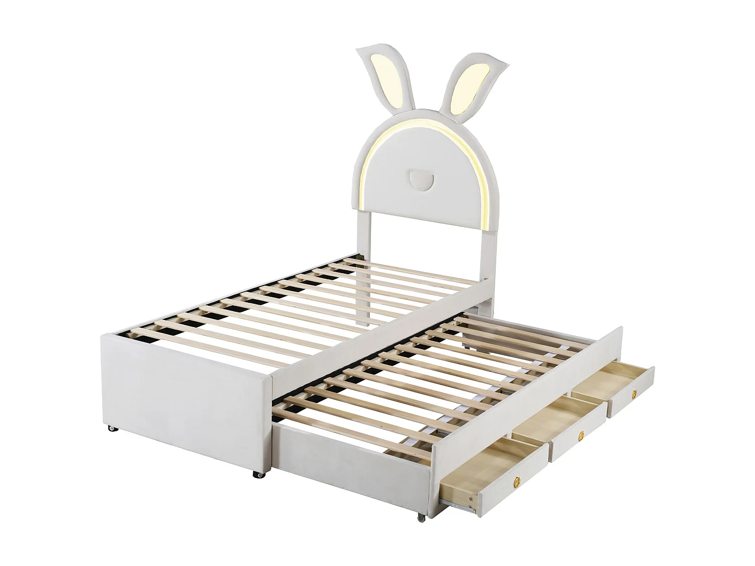 Lit enfant 90x200cm avec LED lit gigogne et tiroirs de rangement en beige pour enfants et adolescents