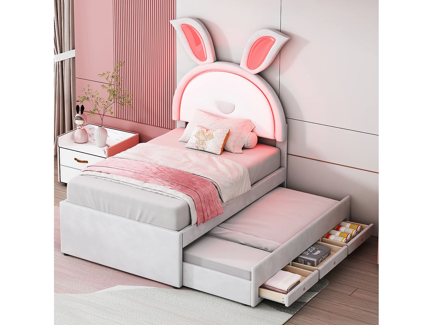 Lit enfant 90x200 cm avec lit gigogne, tiroirs de rangement et éclairage LED rembourré beige (Sans matelas)