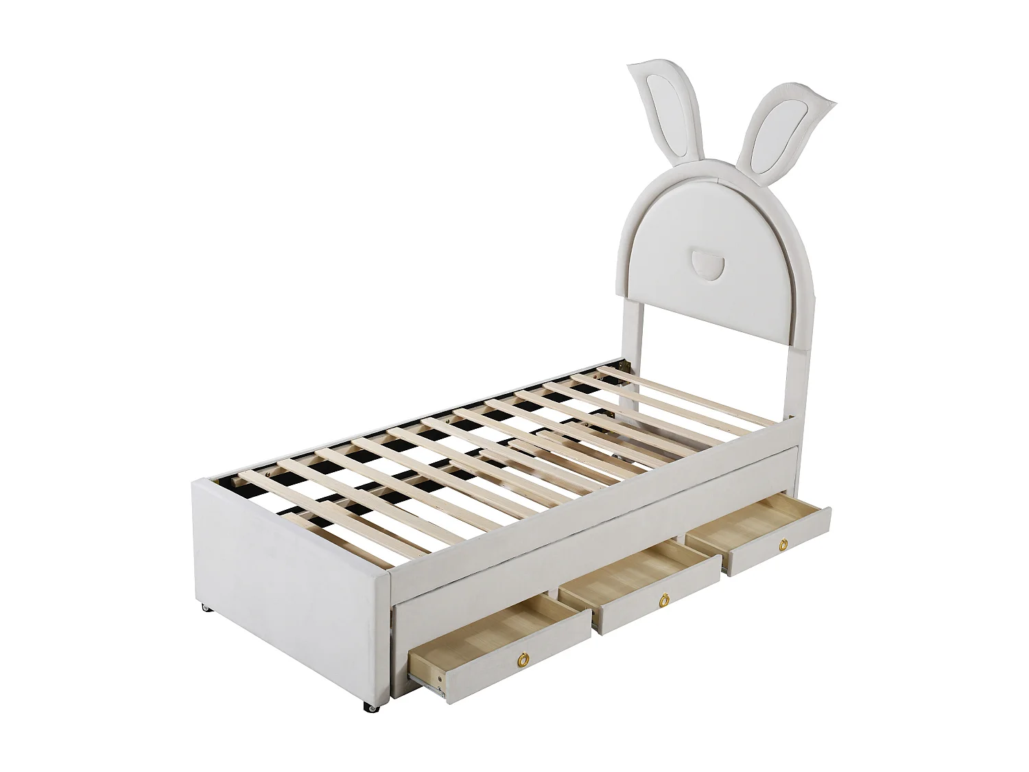 Lit enfant 90x200 cm avec lit gigogne, tiroirs de rangement et éclairage LED rembourré beige (Sans matelas)