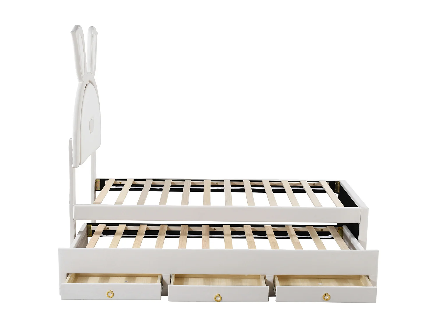 Lit enfant 90x200 cm avec lit gigogne, tiroirs de rangement et éclairage LED rembourré beige (Sans matelas)