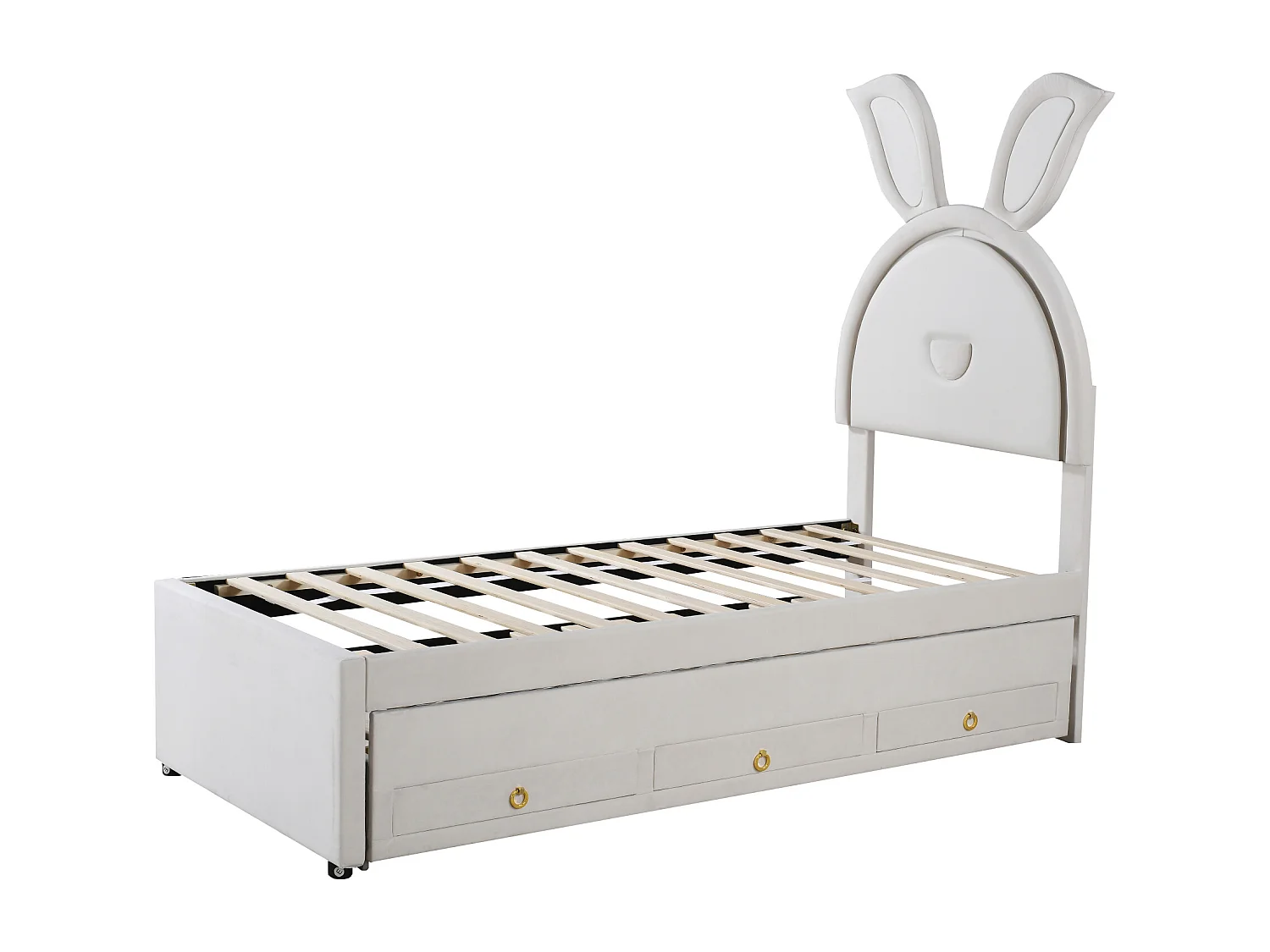 Lit enfant 90x200 cm avec lit gigogne, tiroirs de rangement et éclairage LED rembourré beige (Sans matelas)