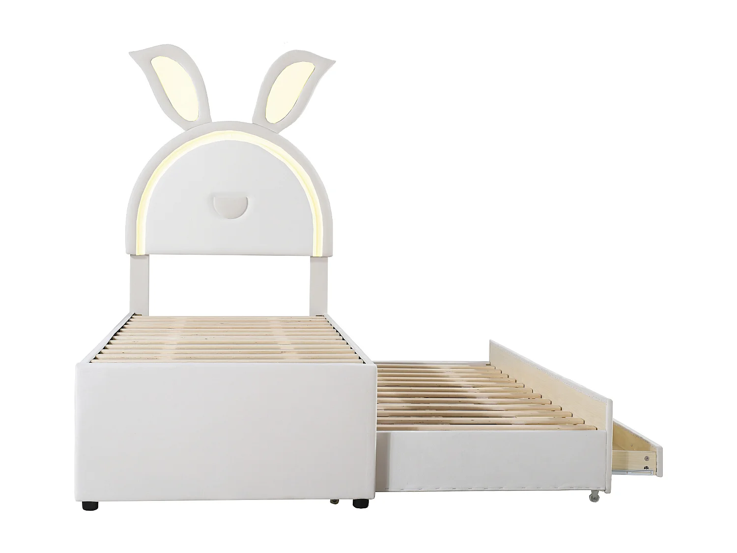 Lit enfant 90x200 cm avec lit gigogne, tiroirs de rangement et éclairage LED rembourré beige (Sans matelas)