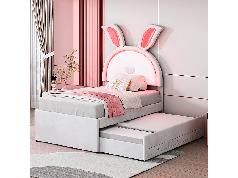 Lit enfant 90x200cm avec LED lit gigogne et tiroirs de rangement en beige pour enfants et adolescents