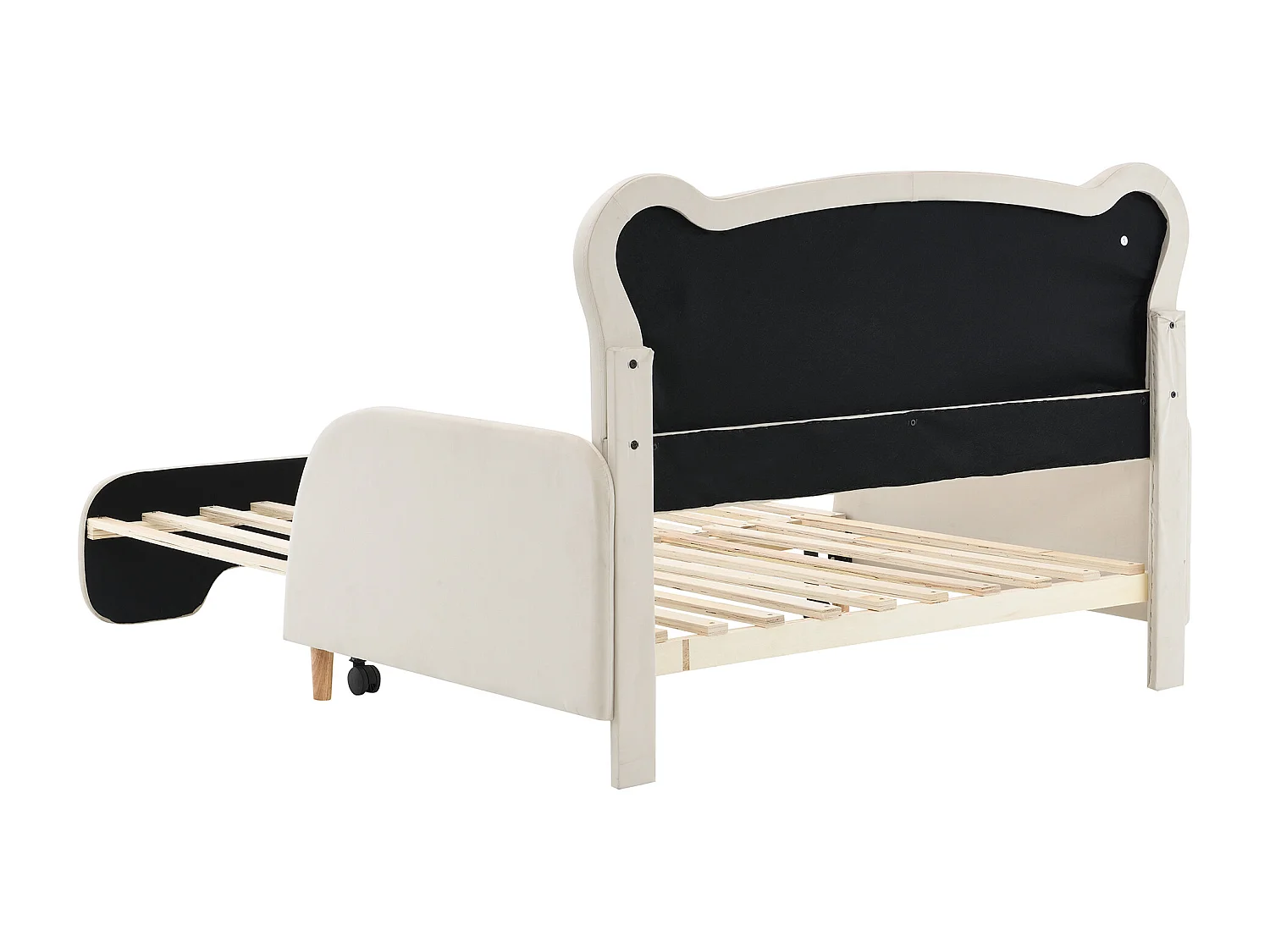 Lit double 140x200 cm en forme d ours avec lit gigogne, bords de protection doux, velours beige (Sans matelas)