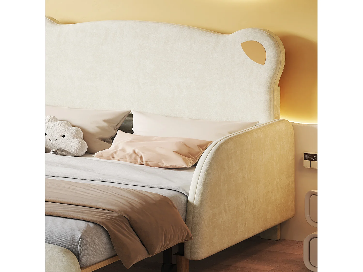 Lit double 140x200 cm en forme d ours avec lit gigogne, bords de protection doux, velours beige (Sans matelas)