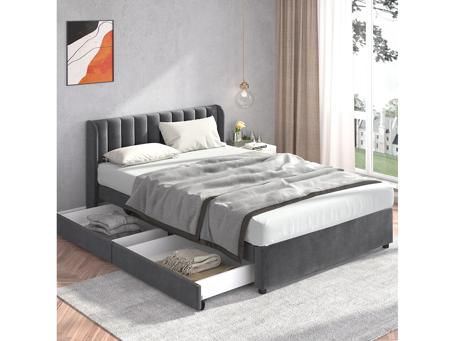 Lit double 160x200 cm avec tête de lit haute, 2 tiroirs et sommier à lattes, velours gris (Sans matelas)