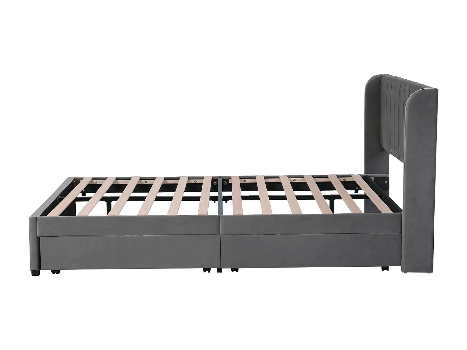 Lit double 160x200 cm avec tête de lit haute, 2 tiroirs et sommier à lattes, velours gris (Sans matelas)