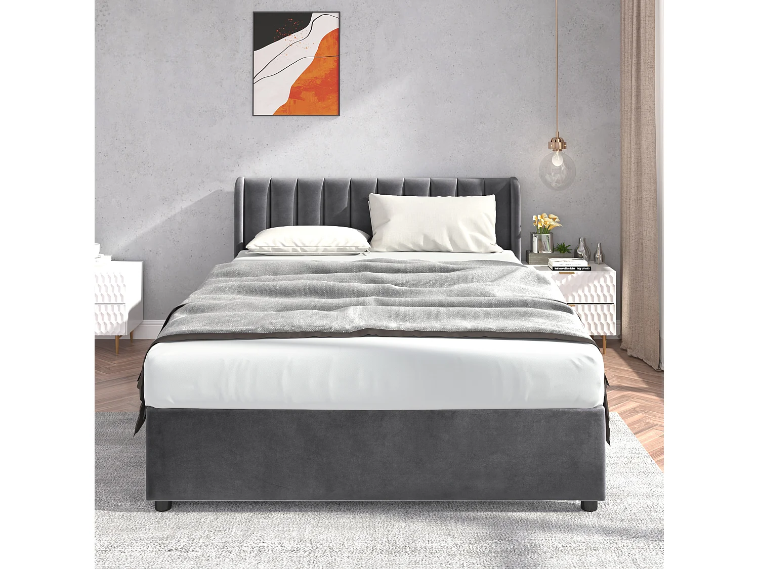 Lit double 160x200 cm avec tête de lit haute, 2 tiroirs et sommier à lattes, velours gris (Sans matelas)