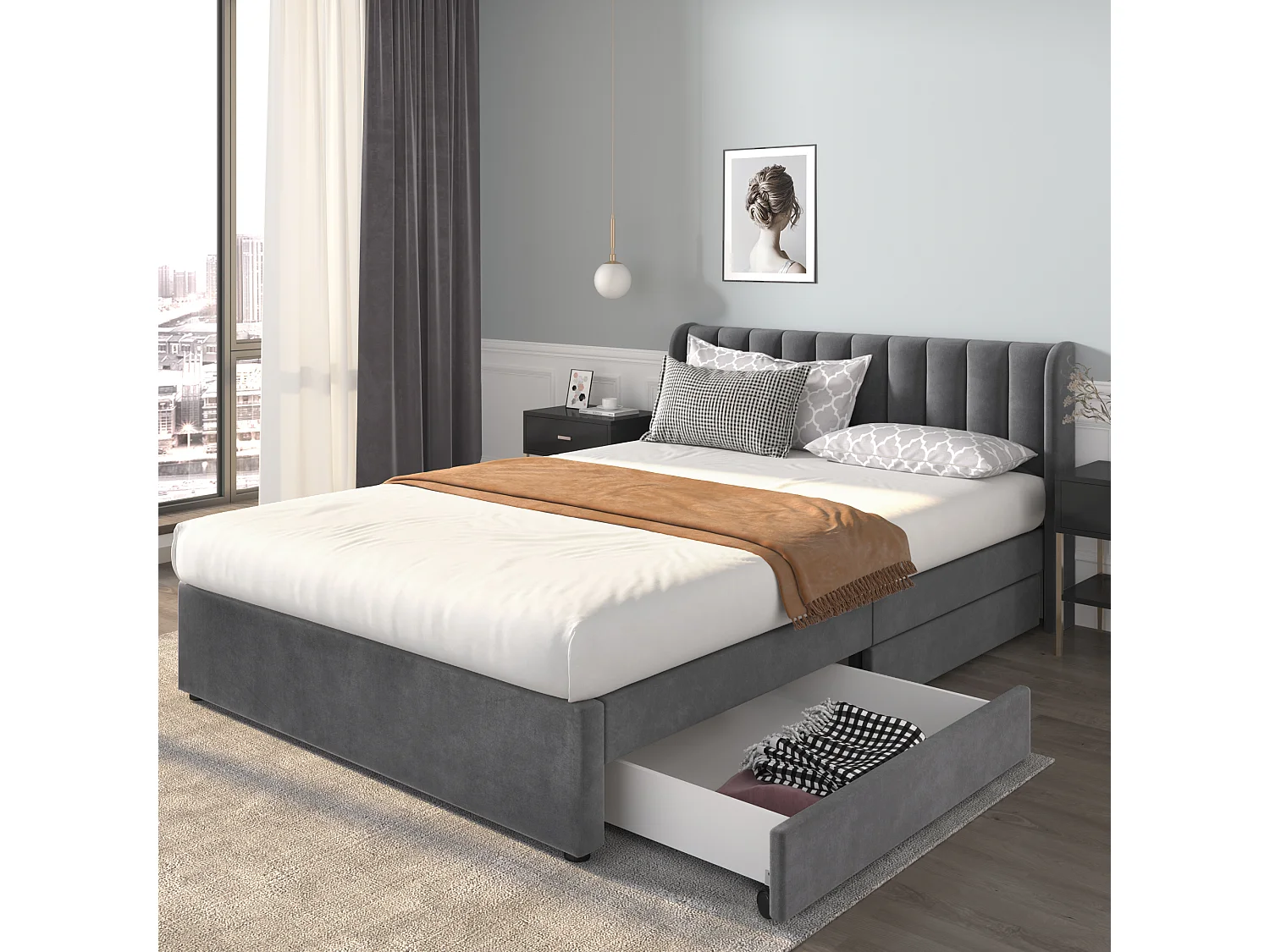 Lit double 160x200 cm avec tête de lit haute, 2 tiroirs et sommier à lattes, velours gris (Sans matelas)
