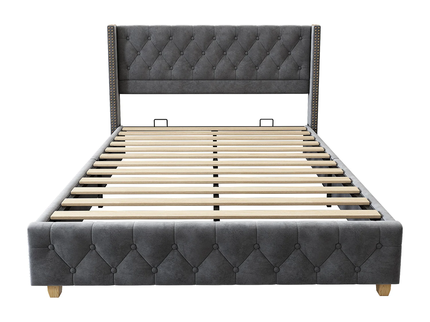 Lit double 140x190 cm avec sommier à lattes, tête de lit capitonnée à boutons et rivets, velours gris (Sans matelas)