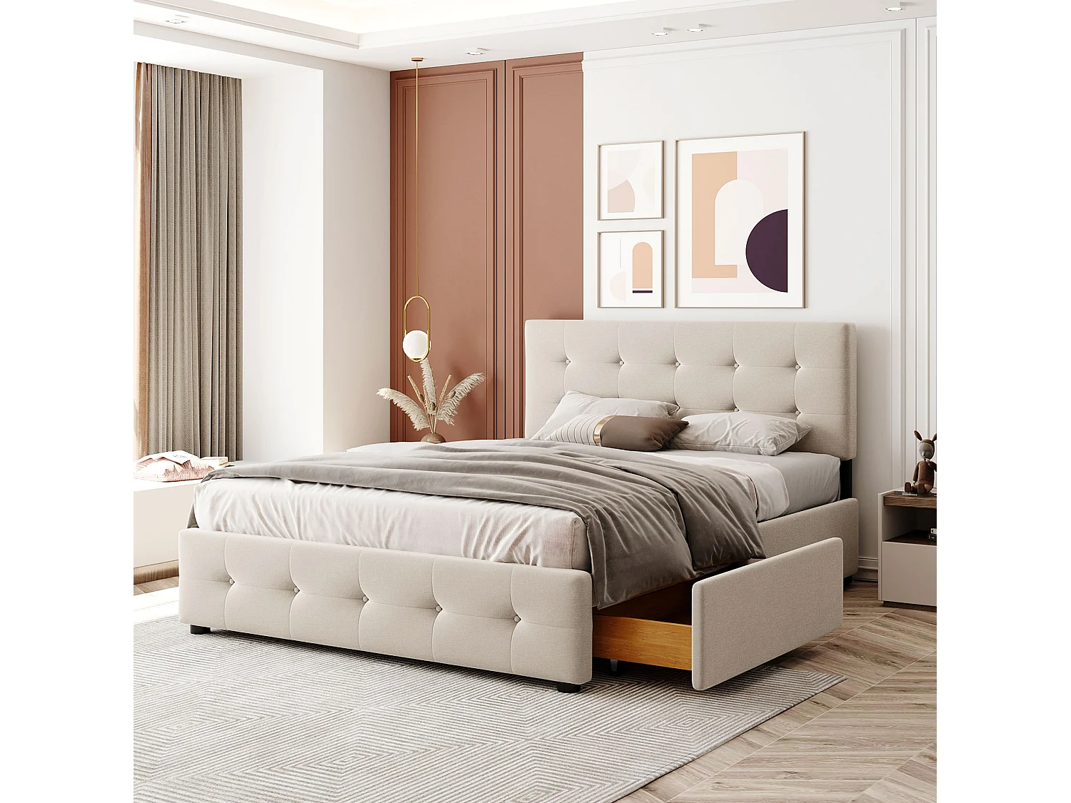 Lit double 140x200cm avec sommier à lattes et tête de lit et grands tiroirs Revêtement velours en beige pour adultes et adolescents