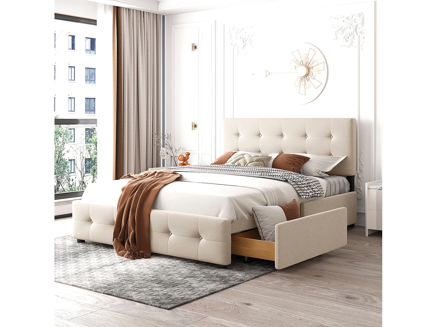 Lit double 140x200cm avec sommier à lattes et tête de lit et grands tiroirs Revêtement velours en beige pour adultes et adolescents