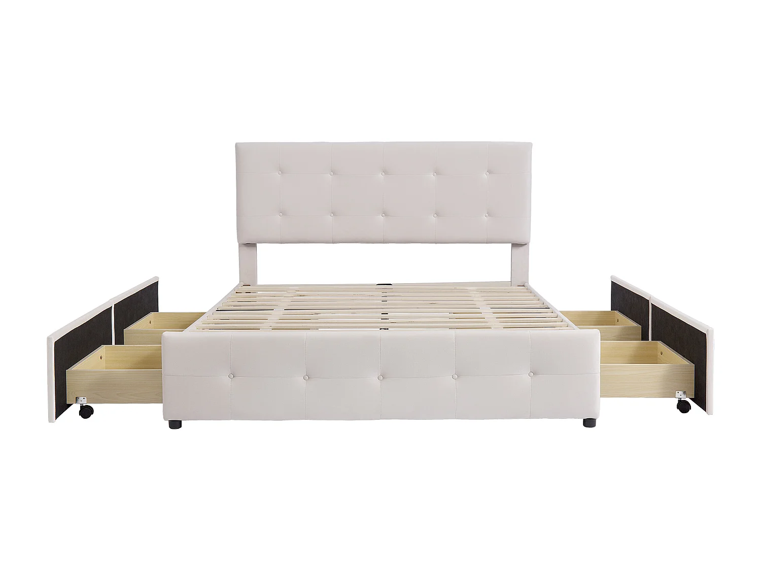Lit double 140x200 cm avec 4 tiroirs et tête de lit, avec sommier, en velours beige (Sans matelas)
