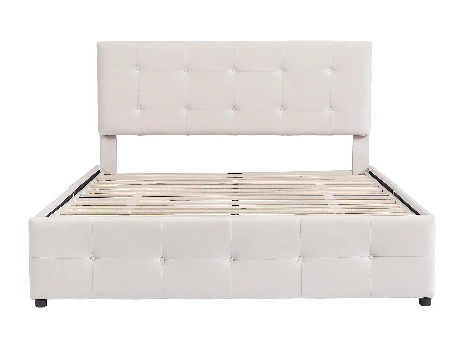 Lit double 140x200 cm avec 4 tiroirs et tête de lit, avec sommier, en velours beige (Sans matelas)