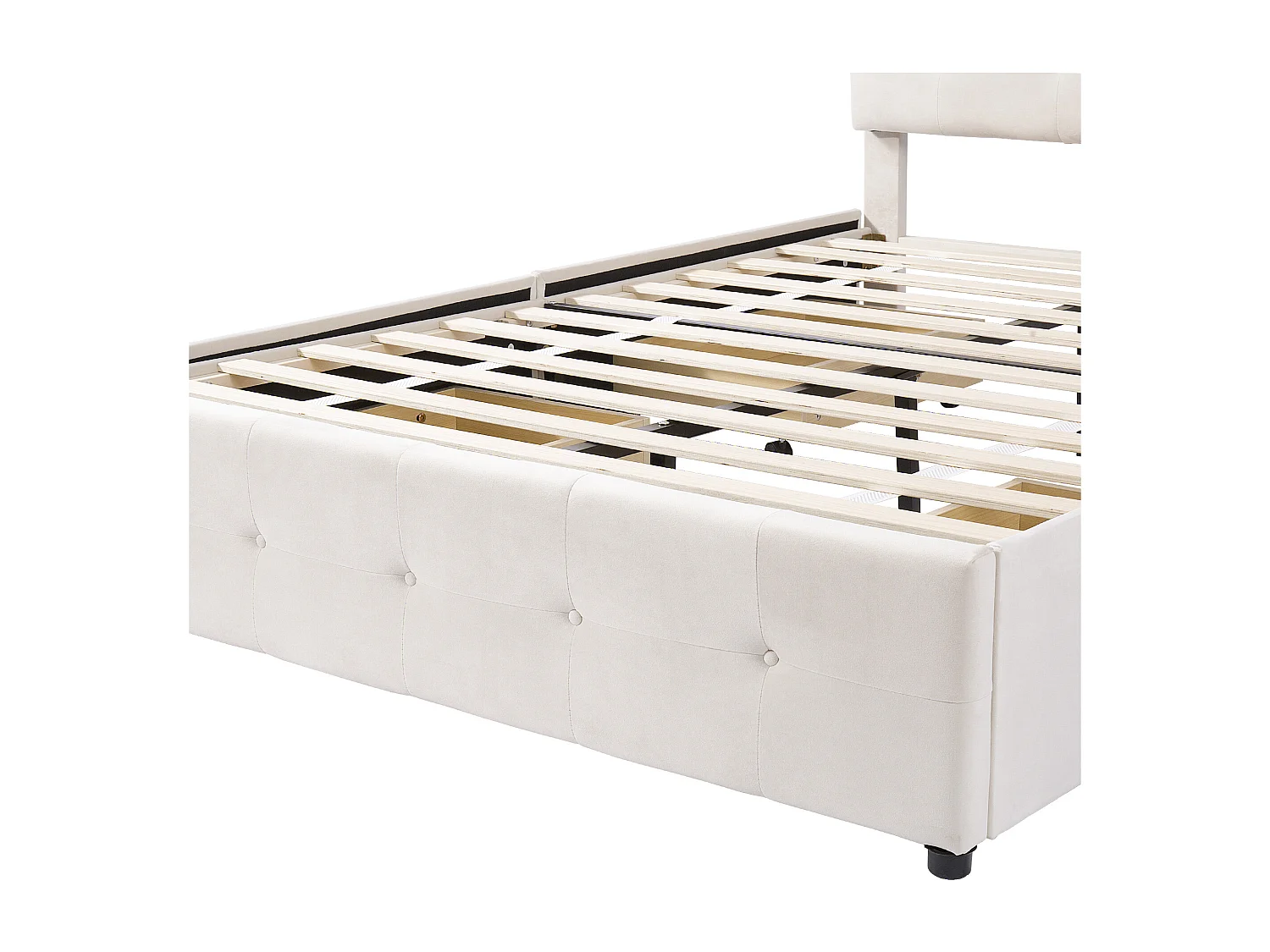 Lit double 140x200 cm avec 4 tiroirs et tête de lit, avec sommier, en velours beige (Sans matelas)