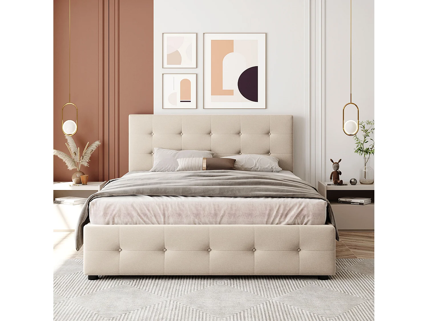 Lit double 140x200 cm avec 4 tiroirs et tête de lit, avec sommier, en velours beige (Sans matelas)