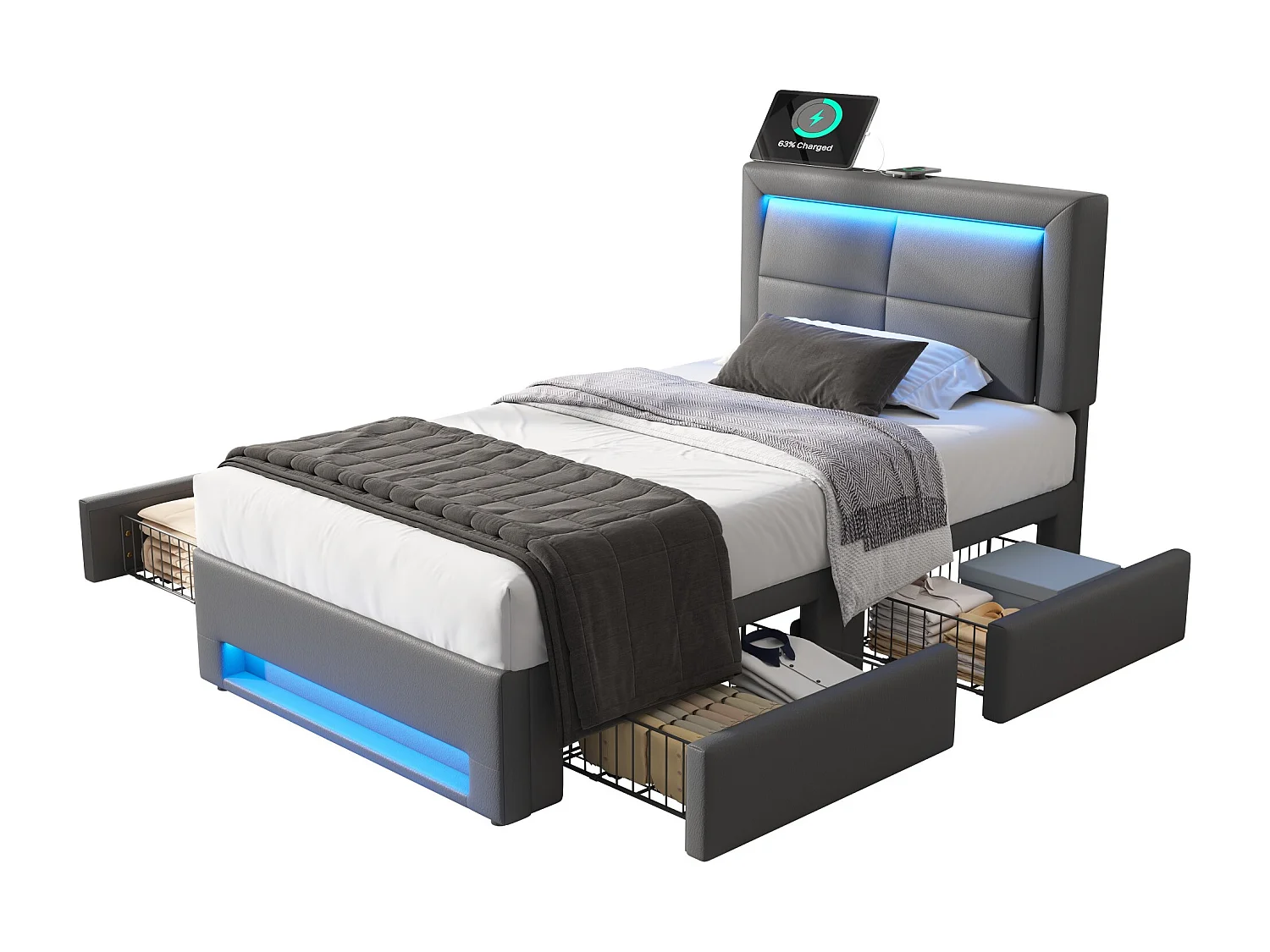 Lit simple  90x190 cm, ports USB, éclairage LED 12 couleurs, 4 tiroirs, PU gris(Sans matelas)