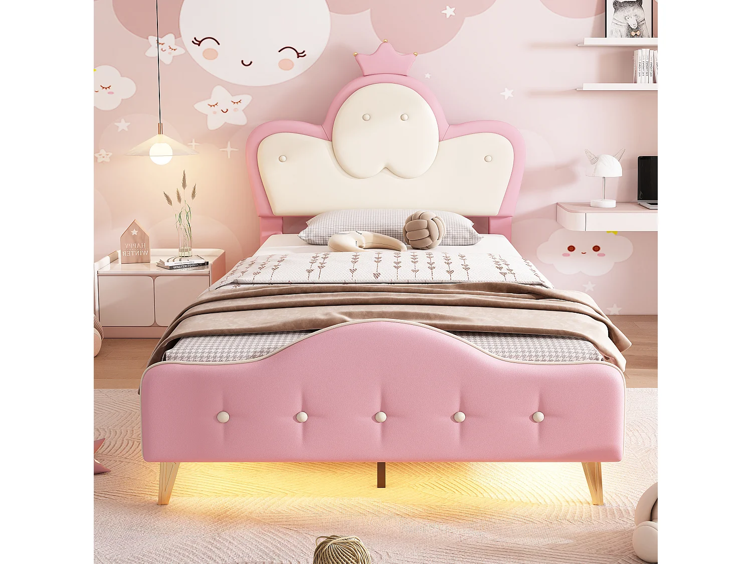 Lit enfant 90x200 cm avec bande LED et tête de lit couronne PU rose et blanc (Sans matelas)