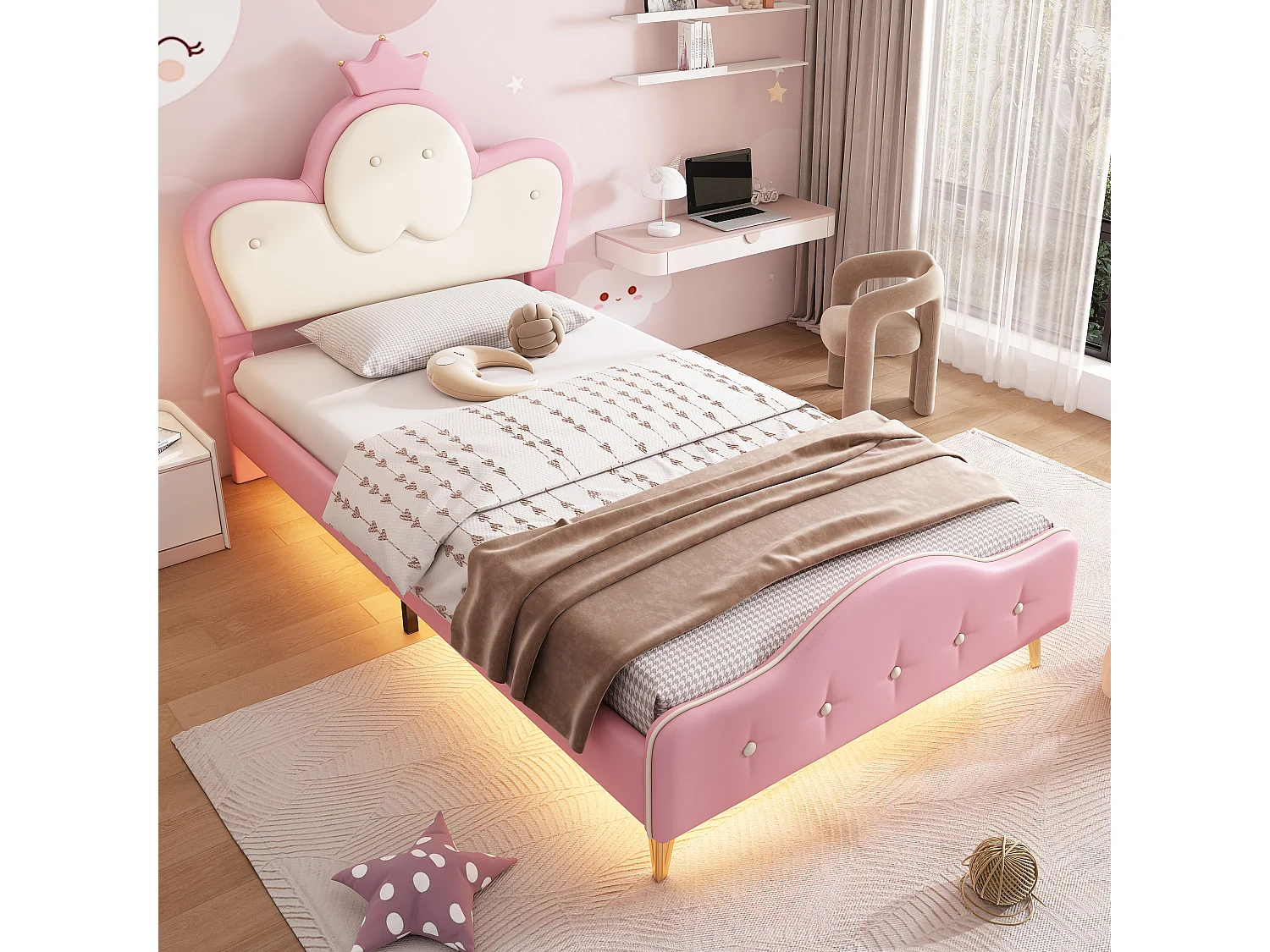 Lit enfant 90x200 cm avec bande LED et tête de lit couronne PU rose et blanc (Sans matelas)