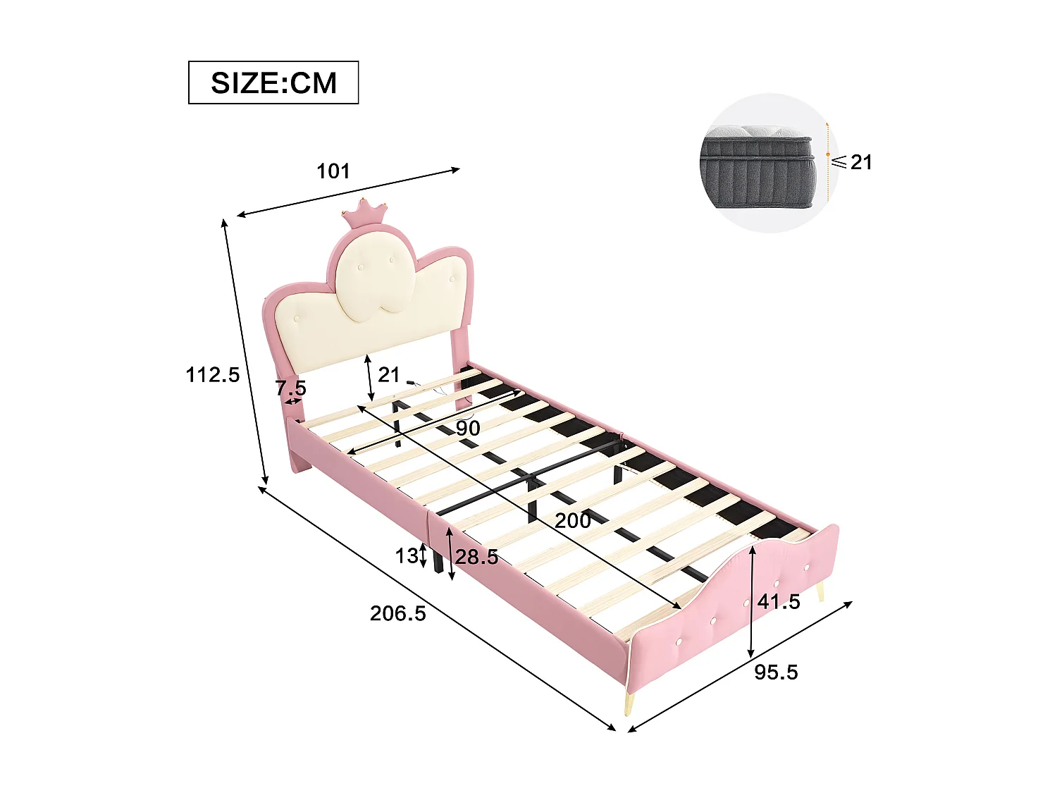 Lit enfant 90x200 cm avec bande LED et tête de lit couronne PU rose et blanc (Sans matelas)