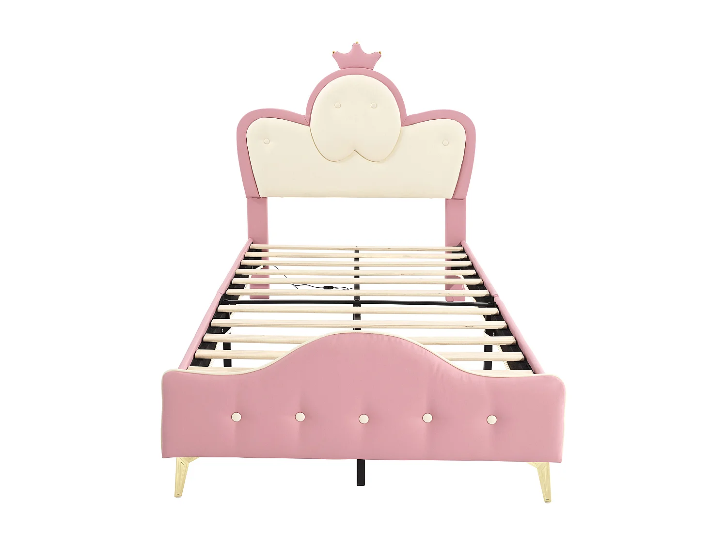 Lit enfant 90x200 cm avec bande LED et tête de lit couronne PU rose et blanc (Sans matelas)