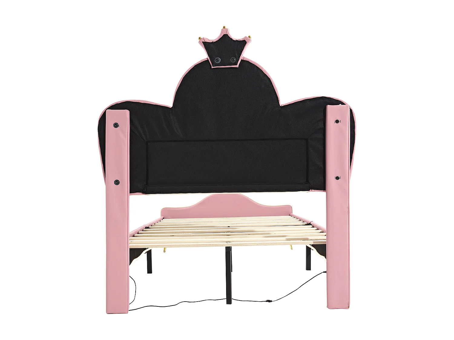 Lit enfant 90x200 cm avec bande LED et tête de lit couronne PU rose et blanc (Sans matelas)