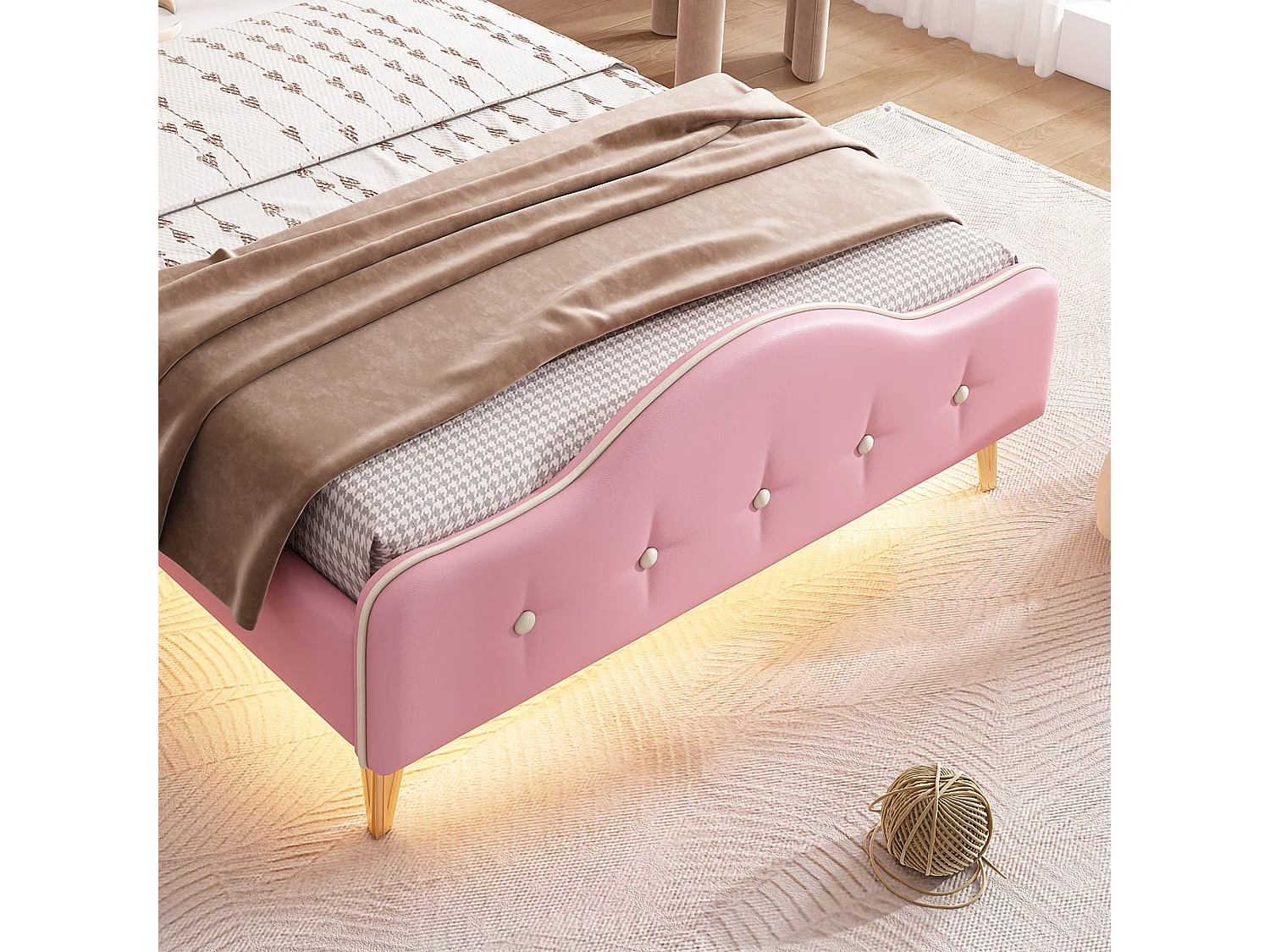 Lit enfant 90x200 cm avec bande LED et tête de lit couronne PU rose et blanc (Sans matelas)