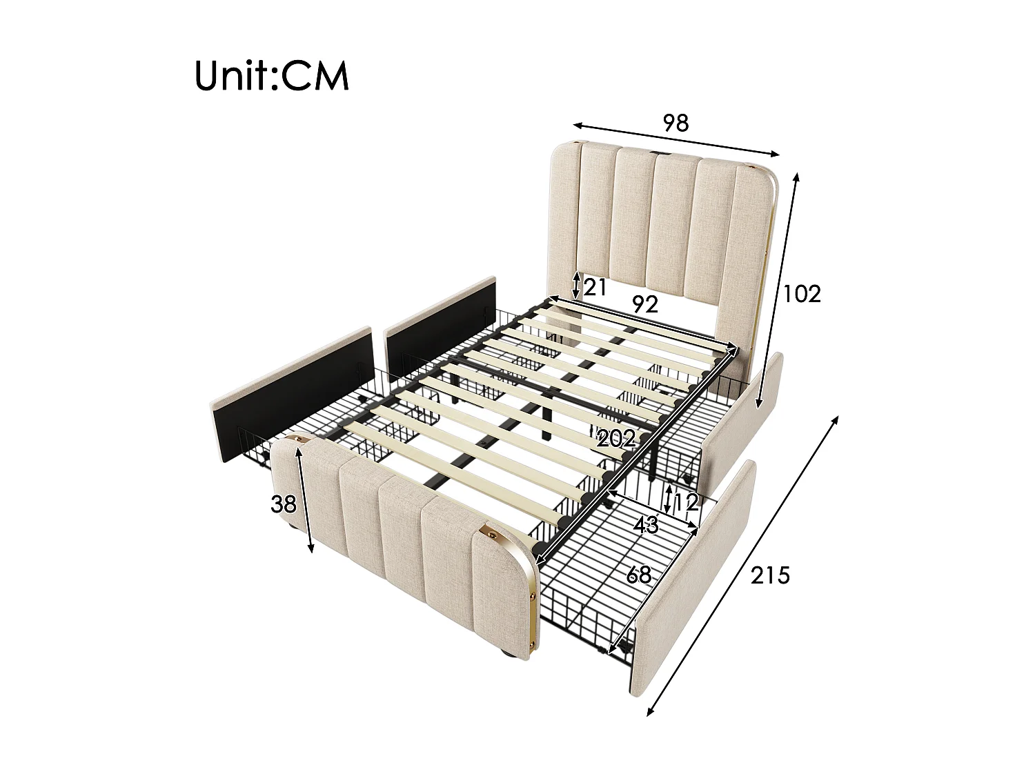 Lit simple 90x200 cm, tête de lit avec USB et Type C, 4 tiroirs, métal et lin beige(Sans matelas)