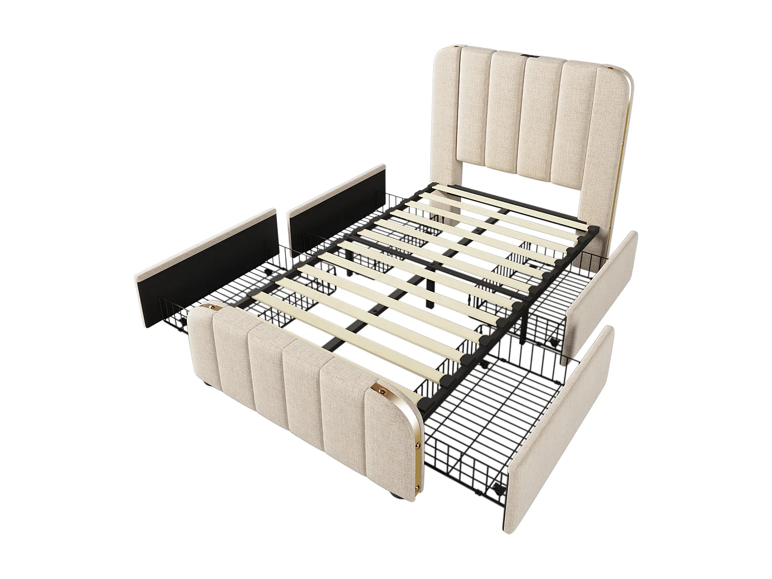 Lit simple 90x200 cm, tête de lit avec USB et Type C, 4 tiroirs, métal et lin beige(Sans matelas)