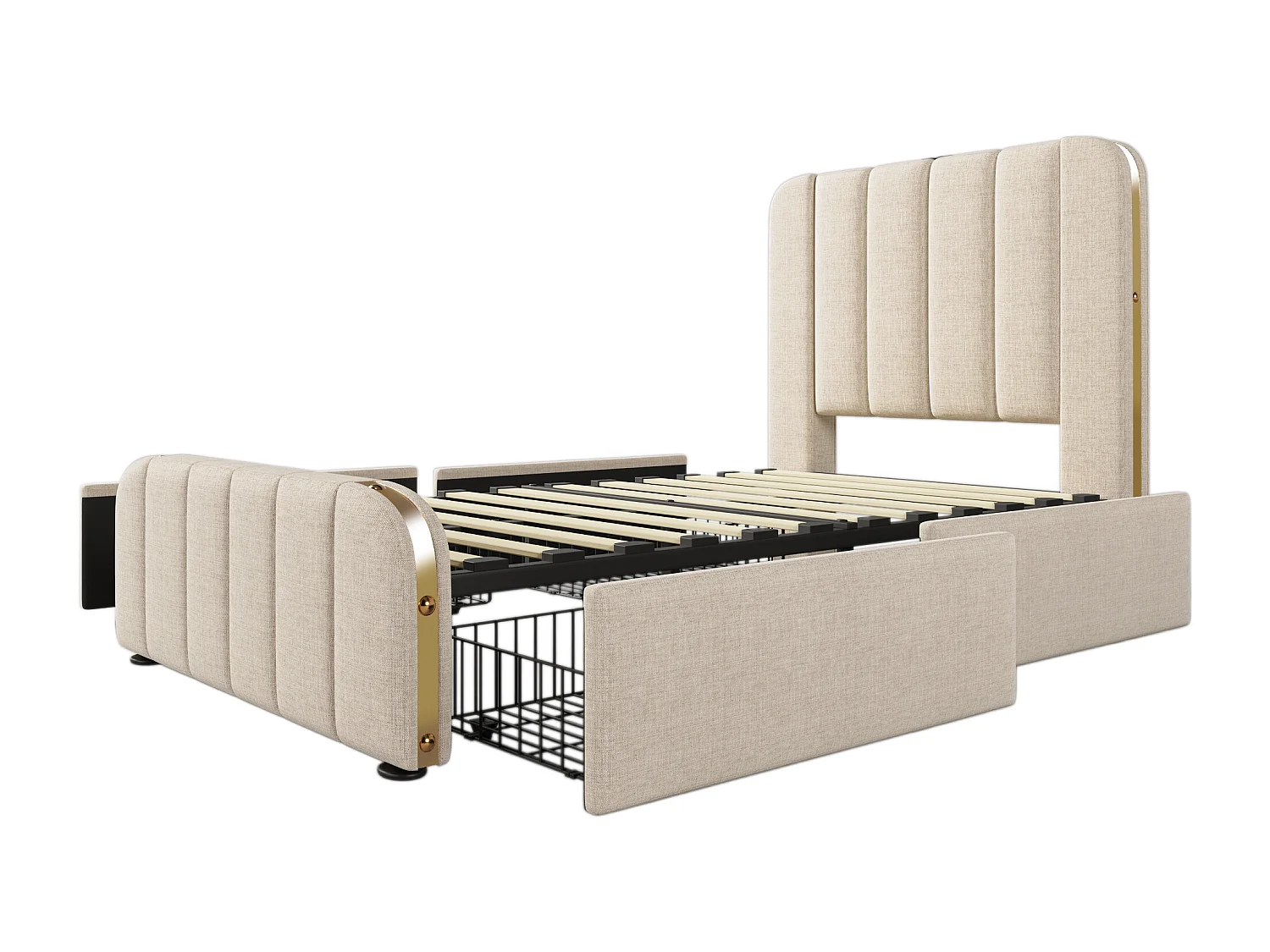 Lit simple 90x200 cm, tête de lit avec USB et Type C, 4 tiroirs, métal et lin beige(Sans matelas)