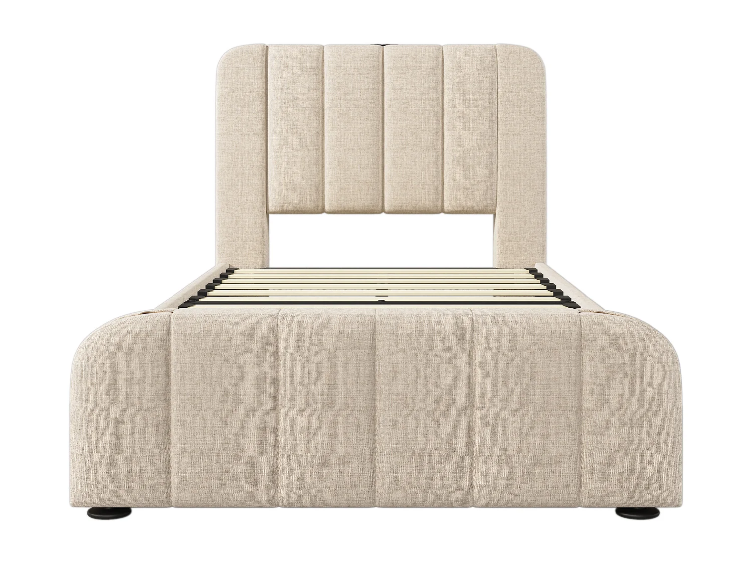 Lit simple 90x200 cm, tête de lit avec USB et Type C, 4 tiroirs, métal et lin beige(Sans matelas)
