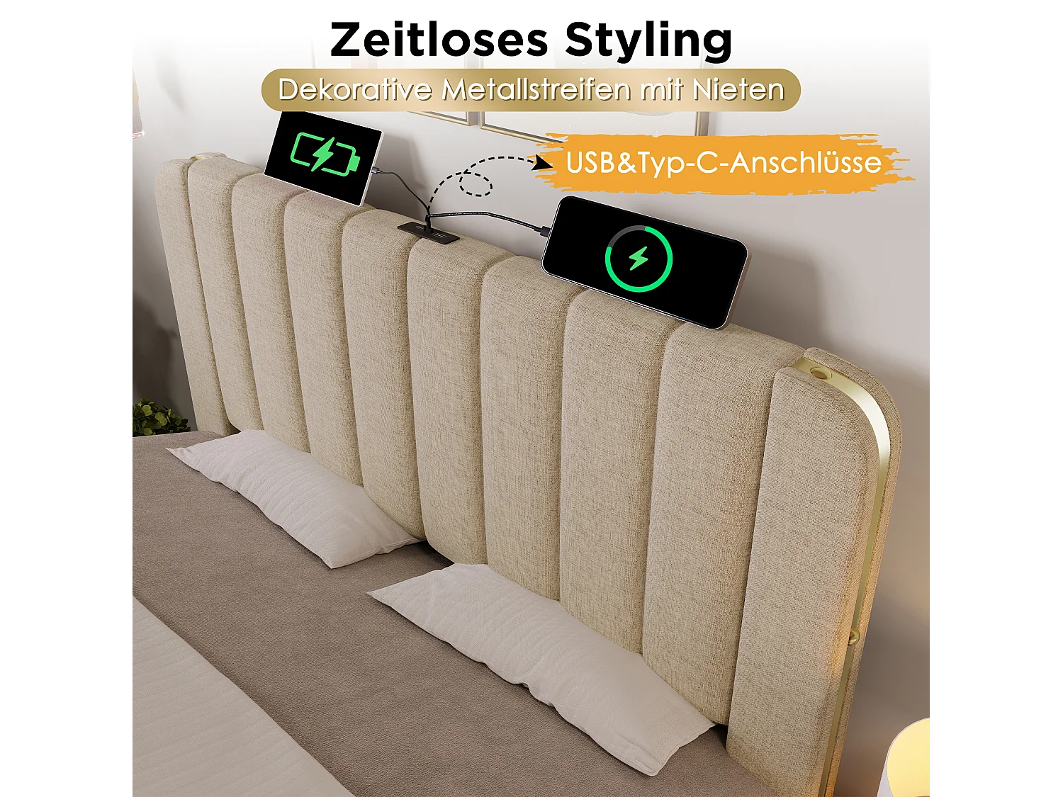 Lit simple 90x200 cm, tête de lit avec USB et Type C, 4 tiroirs, métal et lin beige(Sans matelas)