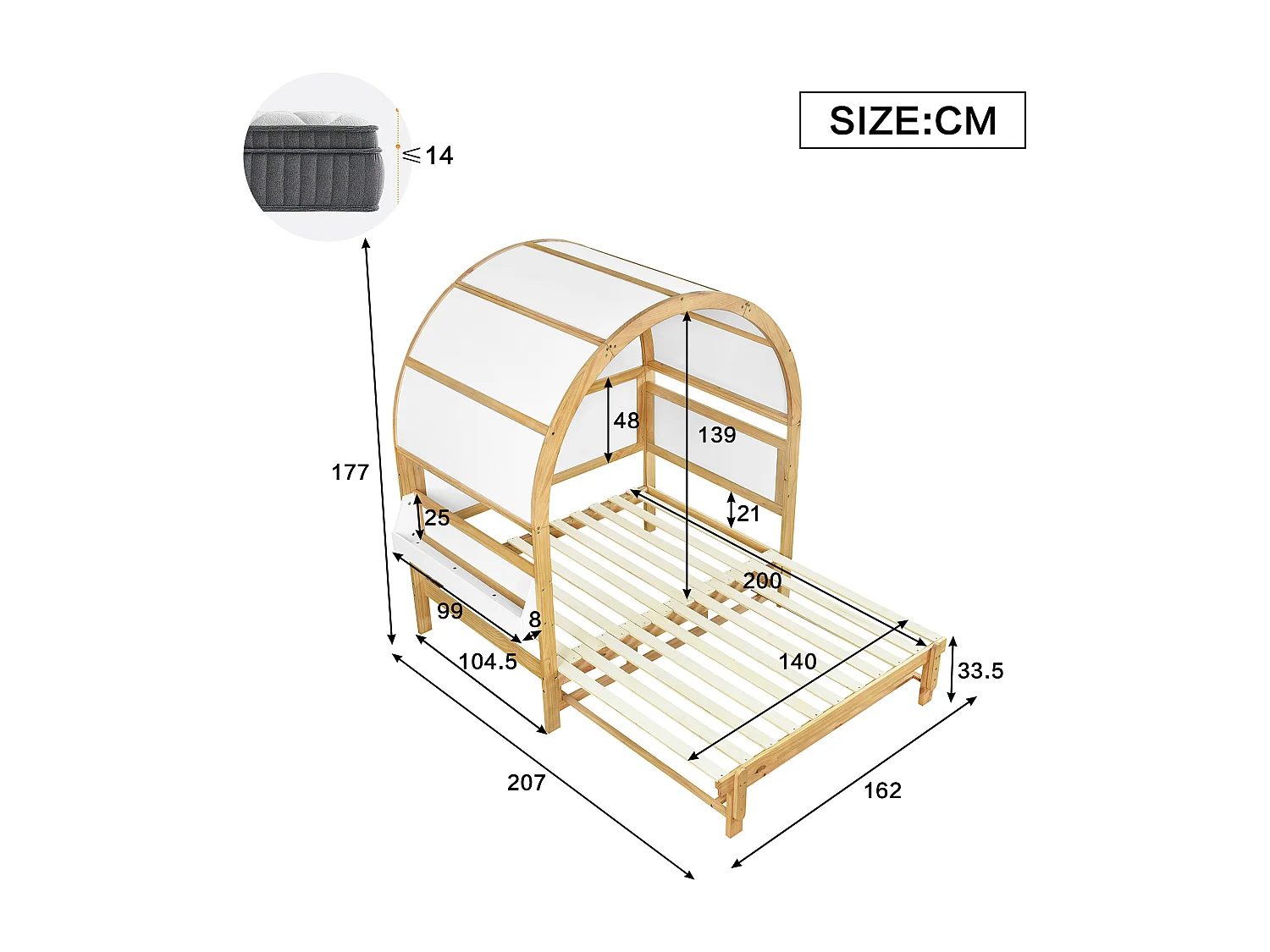 Lit enfant 140x200cm meuble maison style chaleureux gain de place bois chambre enfant Blanc et couleur naturelle (Sans matelas)