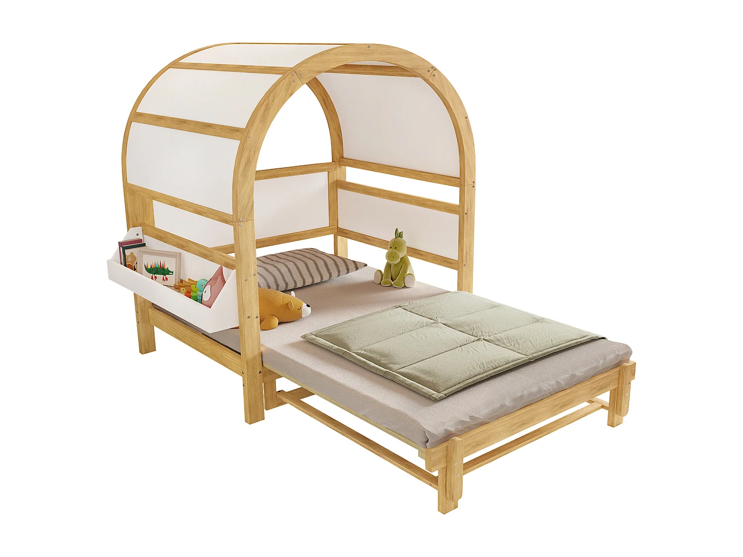 Lit cabane 140x200 cm avec lit gigogne, avec tablette latérale, en bois et MDF, blanc et naturel (Sans matelas)