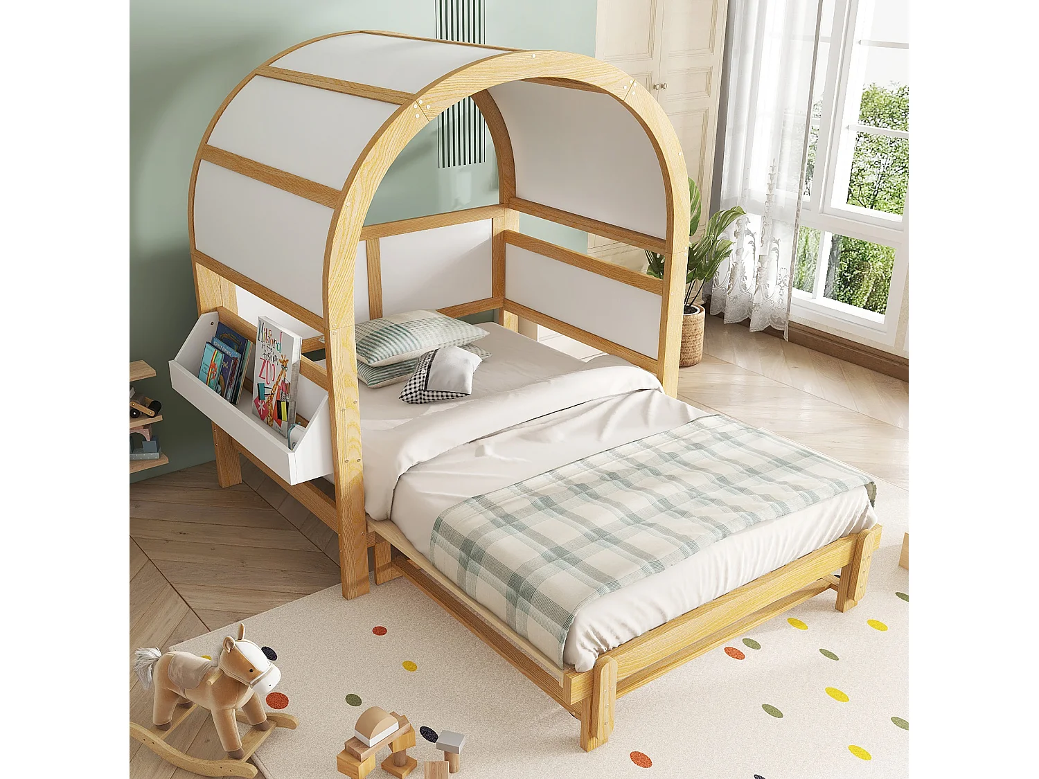 Lit cabane 140x200 cm avec lit gigogne, avec tablette latérale, en bois et MDF, blanc et naturel (Sans matelas)
