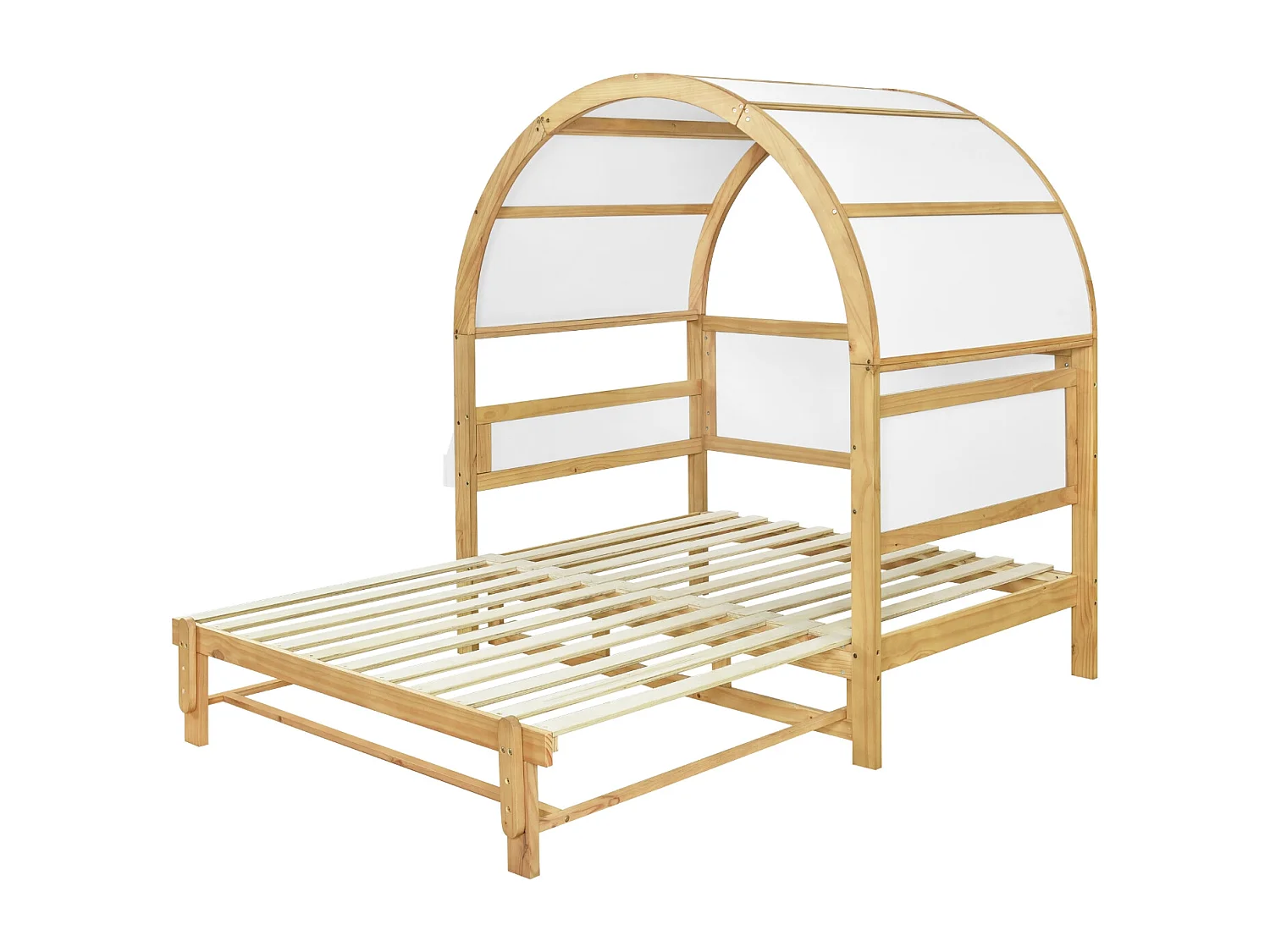 Lit cabane 140x200 cm avec lit gigogne, avec tablette latérale, en bois et MDF, blanc et naturel (Sans matelas)