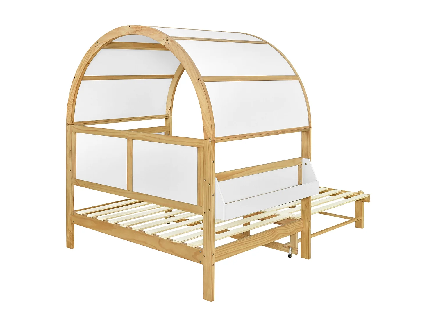 Lit cabane 140x200 cm avec lit gigogne, avec tablette latérale, en bois et MDF, blanc et naturel (Sans matelas)