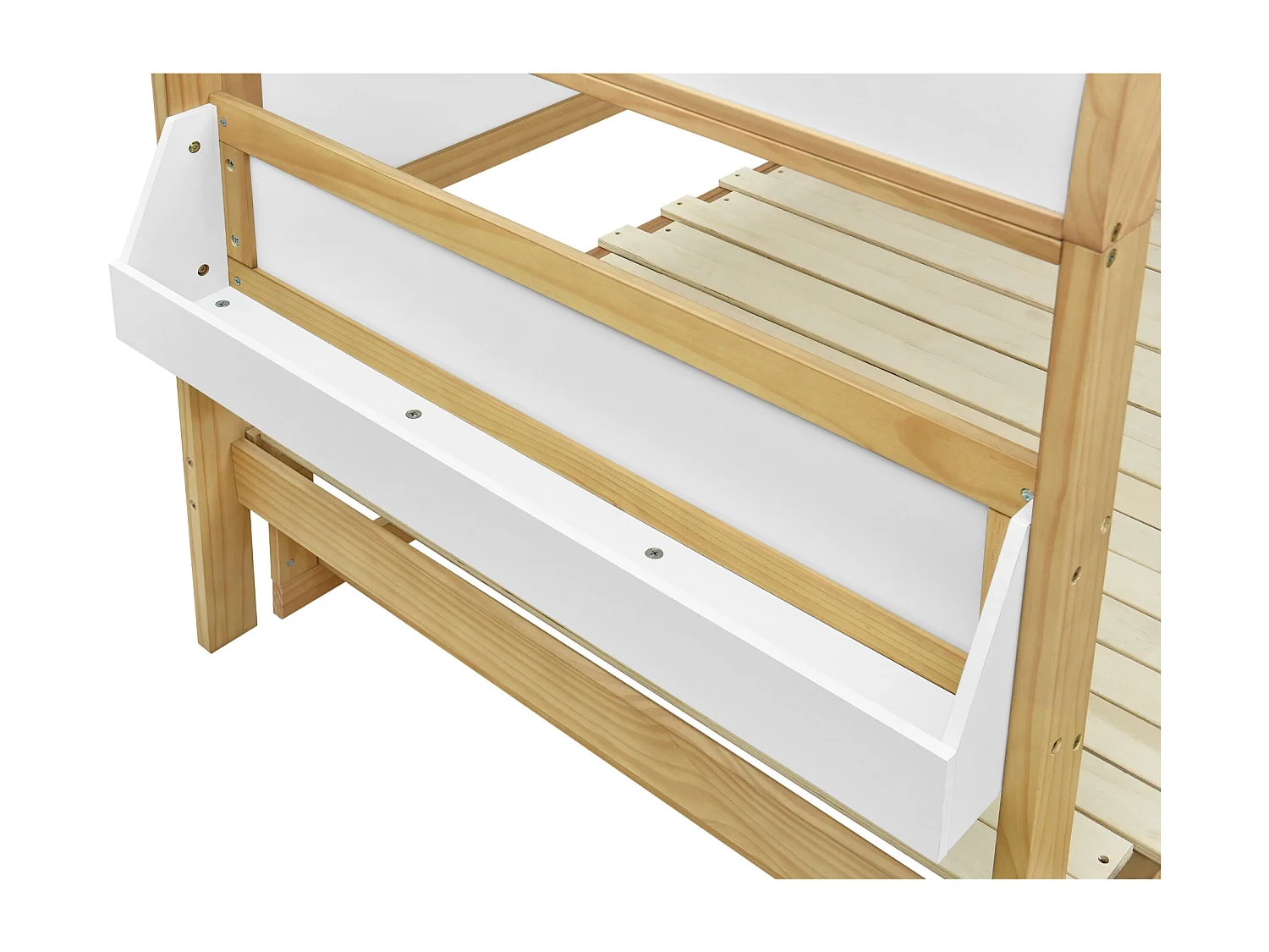 Lit cabane 140x200 cm avec lit gigogne, avec tablette latérale, en bois et MDF, blanc et naturel (Sans matelas)