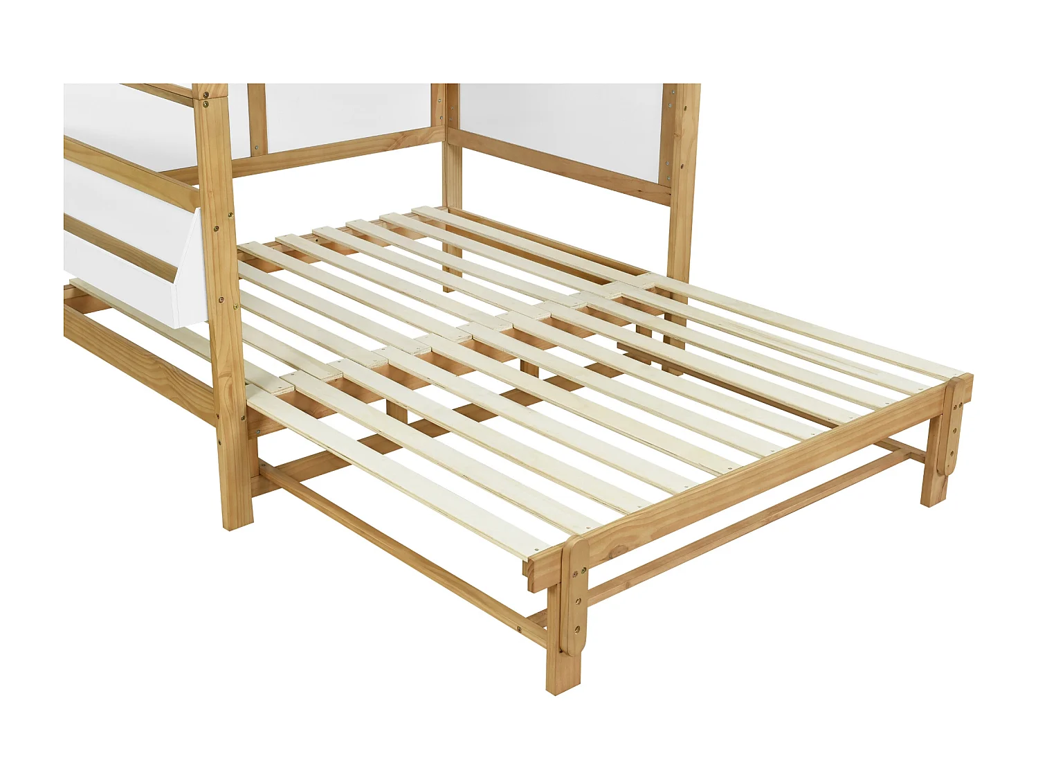 Lit cabane 140x200 cm avec lit gigogne, avec tablette latérale, en bois et MDF, blanc et naturel (Sans matelas)