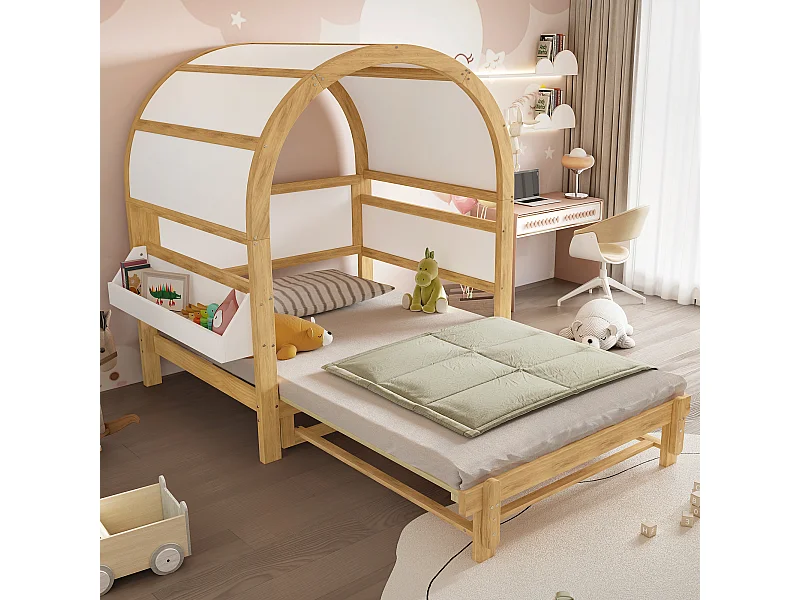 Lit enfant 140x200cm meuble maison style chaleureux gain de place bois chambre enfant Blanc et couleur naturelle (Sans matelas)