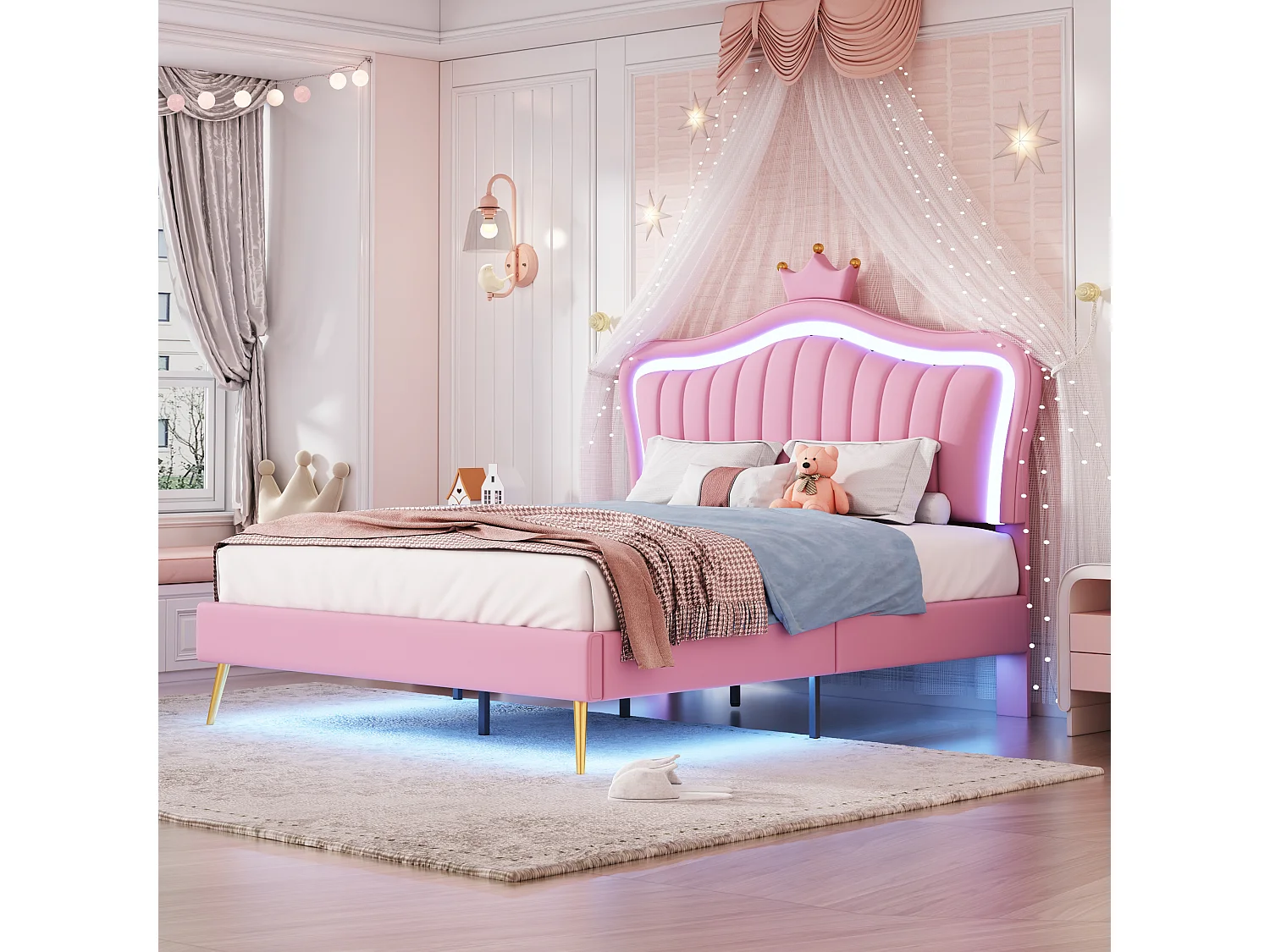 Lit enfant 140x200 cm avec LED et tête de lit réglable, revêtement synthétique rose (Sans matelas)