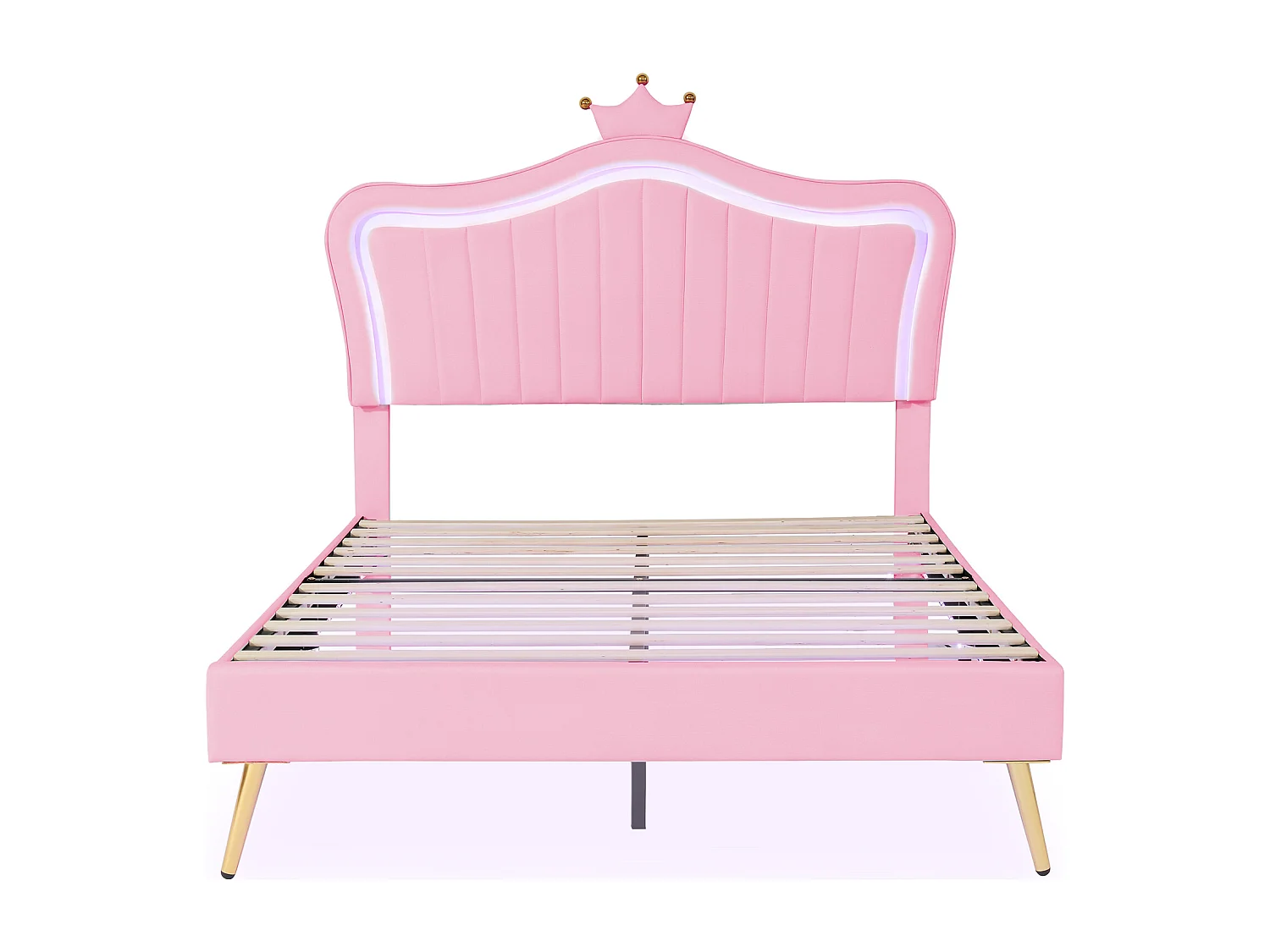 Lit enfant 140x200 cm avec LED et tête de lit réglable, revêtement synthétique rose (Sans matelas)