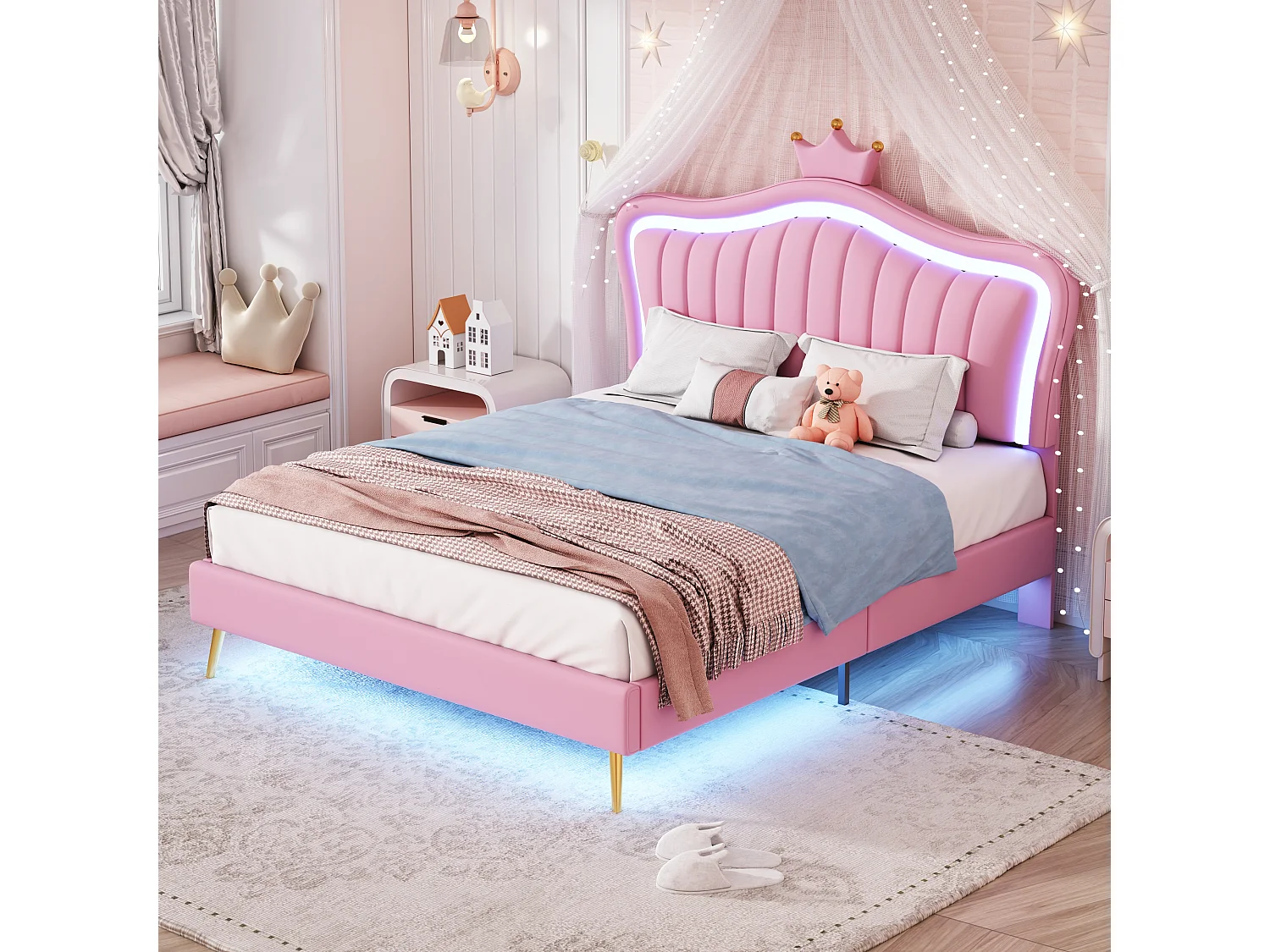 Lit enfant 140x200 cm avec LED et tête de lit réglable, revêtement synthétique rose (Sans matelas)