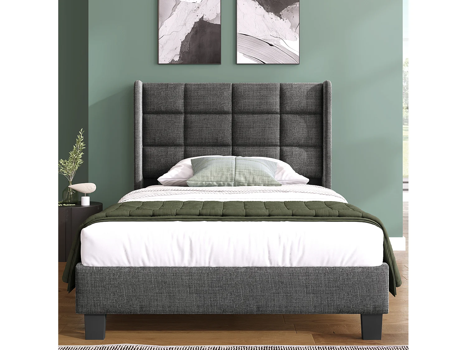Lit simple 90x200 cm avec tête de lit rembourrée, sommier à lattes, matelas inclus, lin gris (Avec matelas)