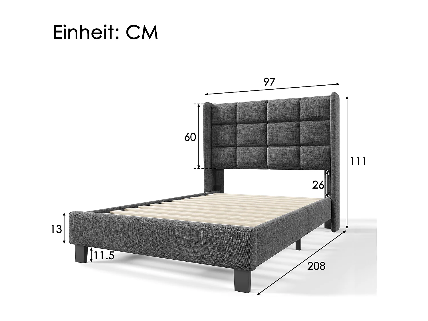 Lit simple 90x200 cm avec tête de lit rembourrée, sommier à lattes, matelas inclus, lin gris (Avec matelas)