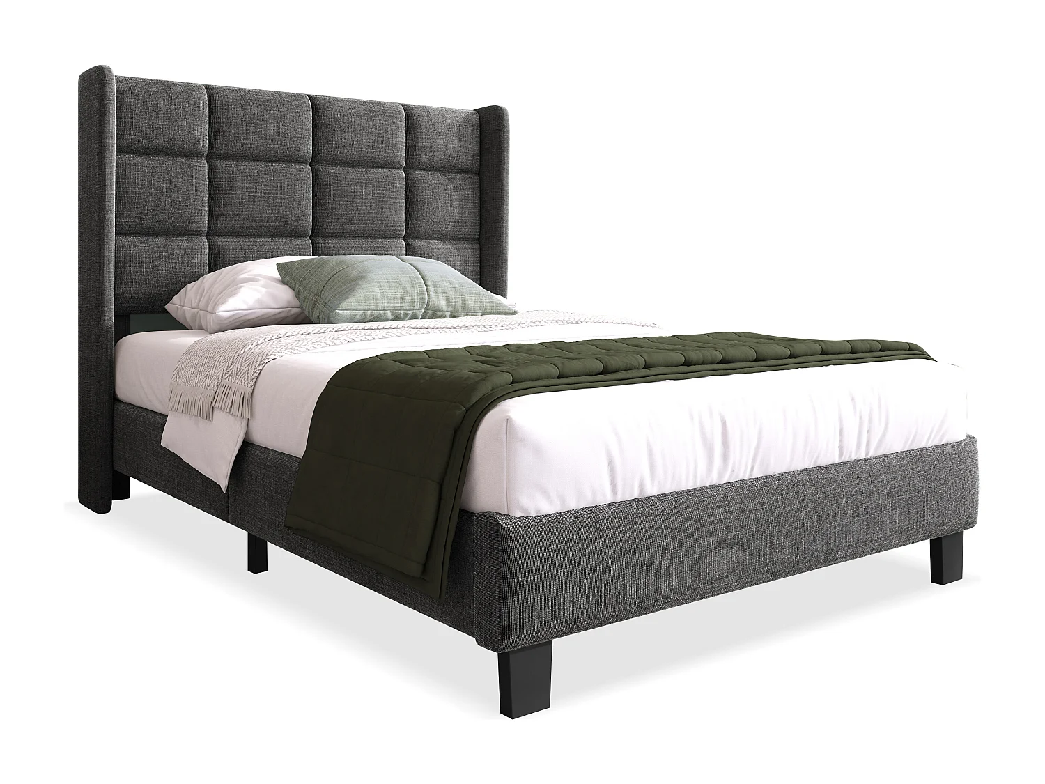 Lit simple 90x200 cm avec tête de lit rembourrée, sommier à lattes, matelas inclus, lin gris (Avec matelas)
