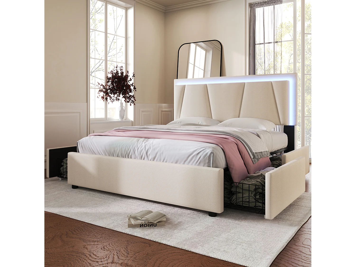 Lit double 140x200 cm avec LED et 4 tiroirs, tête de lit réglable, bois, beige (Sans matelas)
