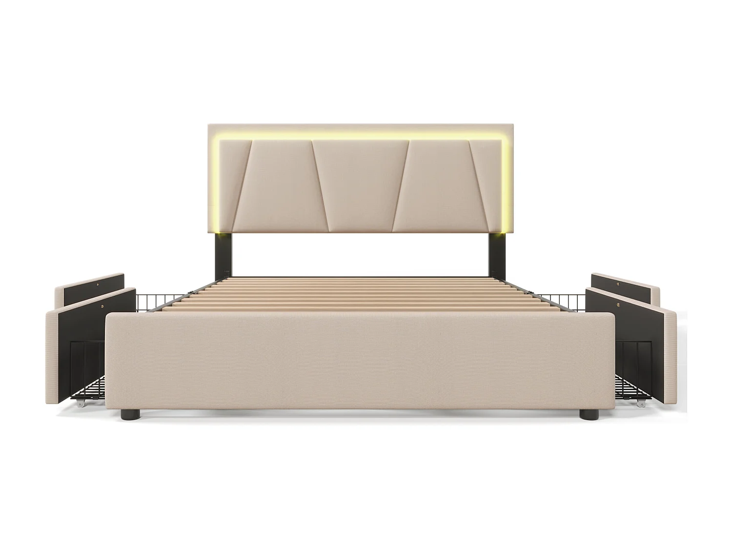 Lit double 140x200 cm avec LED et 4 tiroirs, tête de lit réglable, bois, beige (Sans matelas)