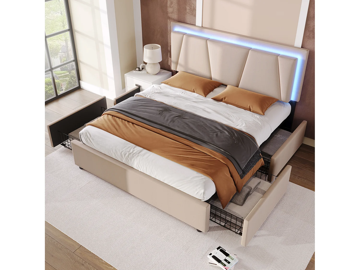 Lit double 140x200 cm avec LED et 4 tiroirs, tête de lit réglable, bois, beige (Sans matelas)